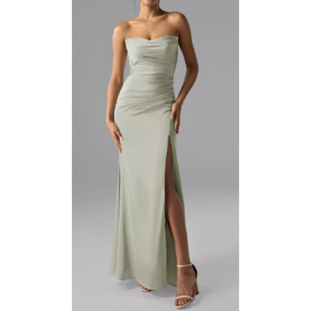 AW BRIDAL 2 XS sage green Terry satin bridesmaid formal gala maxi dress NEW B69